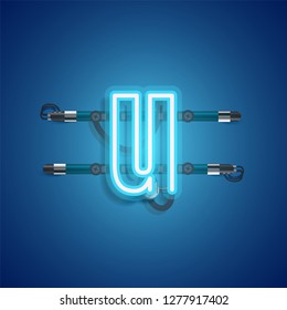 Realistic neon character with wires and console, vector illustration