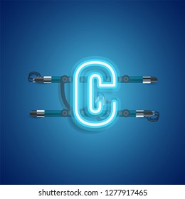 Realistic neon character with wires and console, vector illustration