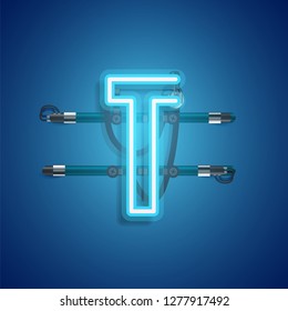 Realistic neon character with wires and console, vector illustration