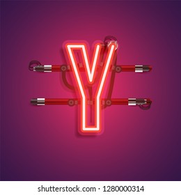 Realistic neon character with wires and console, vector illustration