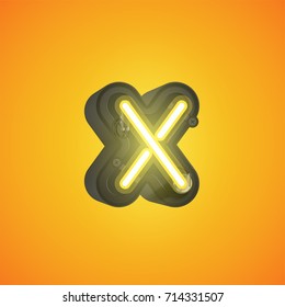 Realistic neon character (yellow) from a typeset with case in the back, vector illustration