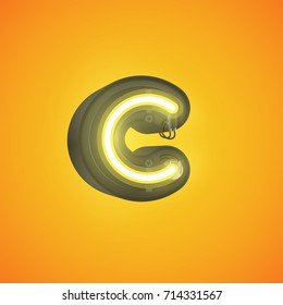 Realistic neon character (yellow) from a typeset with case in the back, vector illustration