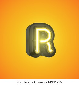 Realistic neon character (yellow) from a typeset with case in the back, vector illustration