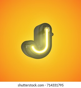 Realistic neon character (yellow) from a typeset with case in the back, vector illustration