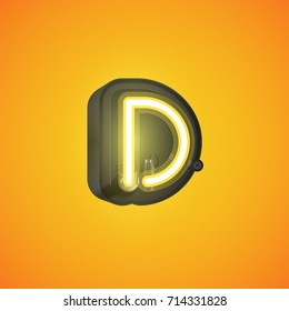 Realistic neon character (yellow) from a typeset with case in the back, vector illustration