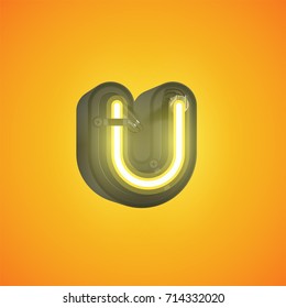 Realistic neon character (yellow) from a typeset with case in the back, vector illustration