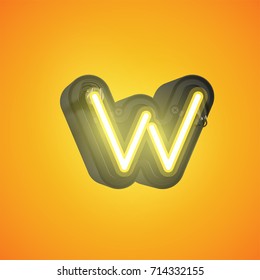 Realistic neon character (yellow) from a typeset with case in the back, vector illustration