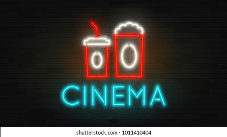 Realistic neon cinema billboard template. Retro shining color banner on brick wall. Concept of advertising for movie theater with glowing text.