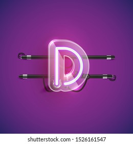 Realistic neon D character with plastic case around, vector illustration