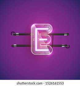 Realistic neon E character with plastic case around, vector illustration