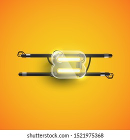Realistic neon 'equals' character with plastic case around, vector illustration
