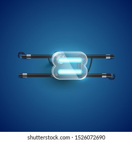 Realistic neon 'equals' character with plastic case around, vector illustration