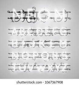Realistic neon font with wires and console, vector illustration