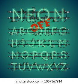 Realistic neon font with wires and console, vector illustration