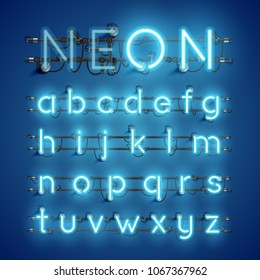 Realistic neon font with wires and console, vector illustration