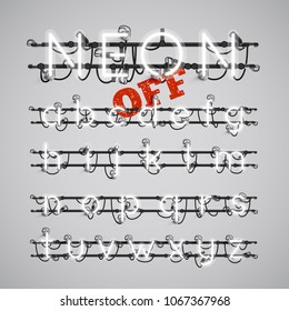 Realistic neon font with wires and console, vector illustration