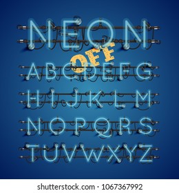 Realistic neon font with wires and console, vector illustration
