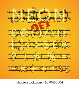 Realistic neon font with wires and console, vector illustration