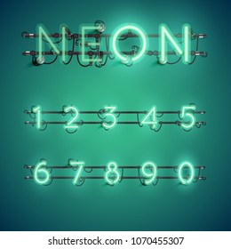 Realistic neon font with wires and console, vector illustration