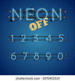 Realistic neon font with wires and console, vector illustration