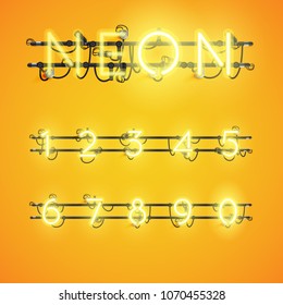 Realistic neon font with wires and console, vector illustration