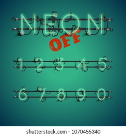 Realistic neon font with wires and console, vector illustration