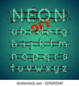Realistic neon font with wires and console, vector illustration