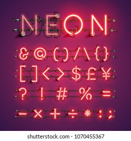 Realistic neon font with wires and console, vector illustration