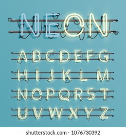 Realistic neon font with wires and console, vector illustration