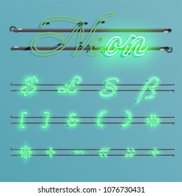 Realistic neon font with wires and console, vector illustration