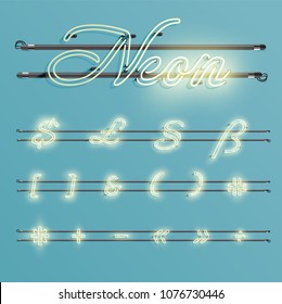 Realistic neon font with wires and console, vector illustration