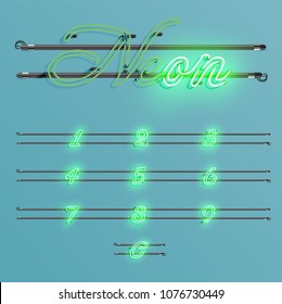 Realistic neon font with wires and console, vector illustration