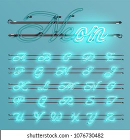 Realistic neon font with wires and console, vector illustration