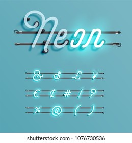 Realistic neon font with wires and console, vector illustration
