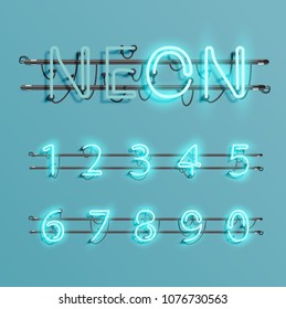 Realistic neon font with wires and console, vector illustration