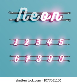 Realistic neon font with wires and console, vector illustration
