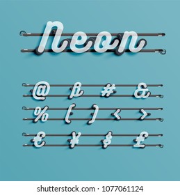 Realistic neon font with wires and console, vector illustration