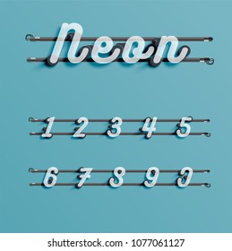 Realistic neon font with wires and console, vector illustration