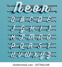 Realistic neon font with wires and console, vector illustration