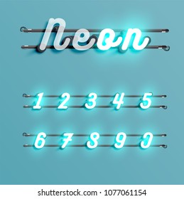 Realistic neon font with wires and console, vector illustration