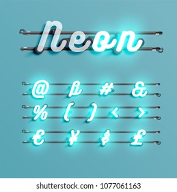 Realistic neon font with wires and console, vector illustration