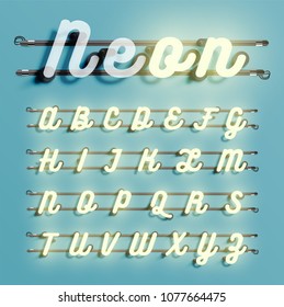 Realistic neon font with wires and console, vector illustration