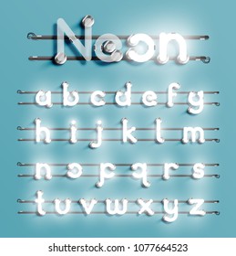 Realistic neon font with wires and console, vector illustration