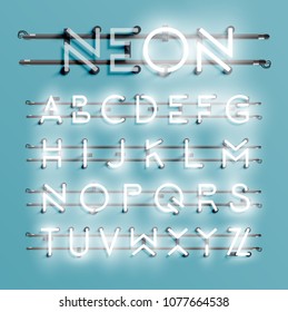 Realistic neon font with wires and console, vector illustration