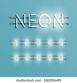 Realistic neon font with wires and console, vector illustration