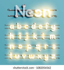 Realistic neon font with wires and console, vector illustration