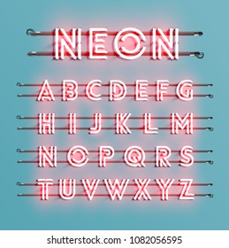 Realistic neon font with wires and console, vector illustration