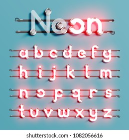 Realistic neon font with wires and console, vector illustration