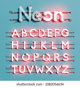 Realistic neon font with wires and console, vector illustration