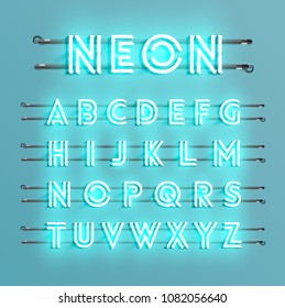Realistic neon font with wires and console, vector illustration